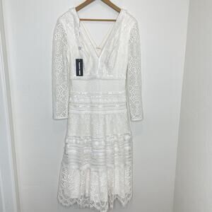 Tadashi Shoji Long Sleeve V Neck Wedding Dress Bridal Ivory White Womens 8 Lace